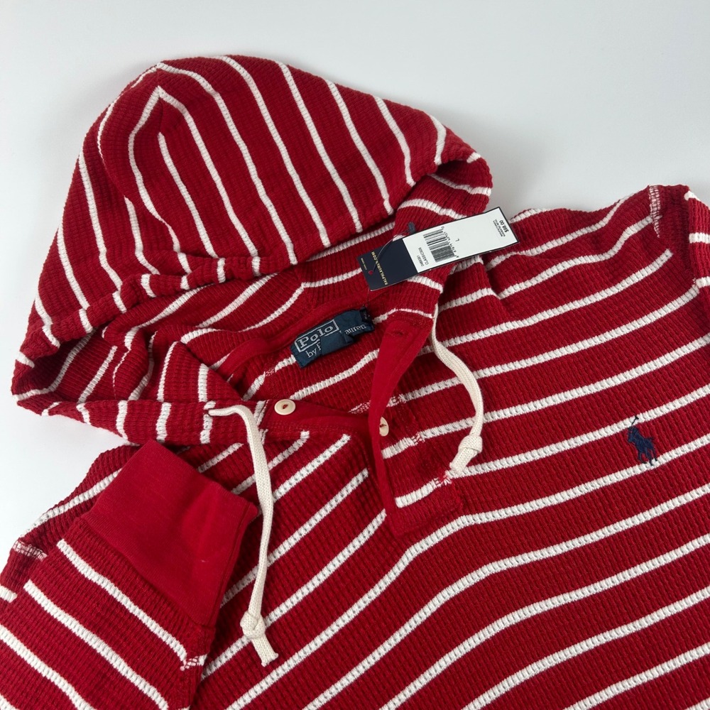 Polo Ralph Lauren Mens L Red White Striped Waffle Pullover Hoodie NWT Flow Prep